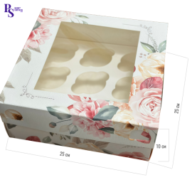 Крышка/дно с окном "под 9 капкейков", Персиковое настроение, КУ-00646 (кор/100шт)