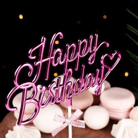 Топпер "Happy Birthday", розовый, с бантиком, арт.10123407