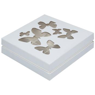 Коробка для 9шт конфет ЛЮКС с окном БАБОЧКА БЕЛАЯ с ложем.160*160*45мм, арт.051820