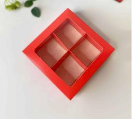 Крышка/дно под 4 конфеты с окном, тонк.разд, АЛЫЙ, 126*126*35мм (яч.50*50), арт.КУ-00022