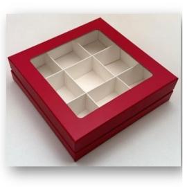 Коробка для конфет ЛЮКС с большим окном 160*160*45 (9) (красная матовая/белая), арт.051570