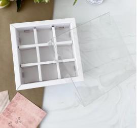 Крышка/дно под 9 конфеты с прозрачной крышкой, белый, 138*138*38мм, арт.КУ-00550