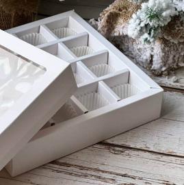 Коробка для 16 конфет с обечайкой с окном, Белый, 177*177*38мм, арт.КУ-00236