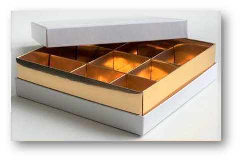 Коробка для конфет 9 шт ПРЕМИУМ без окна 160*160*45мм (белая с зол.лож), арт.051500