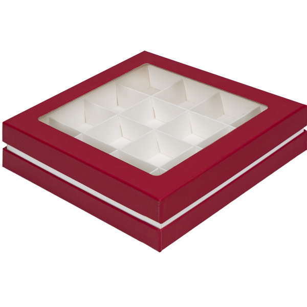 Коробка для конфет ЛЮКС с большим окном 180*180*45 (16) (красная матовая/белая), арт.051780
